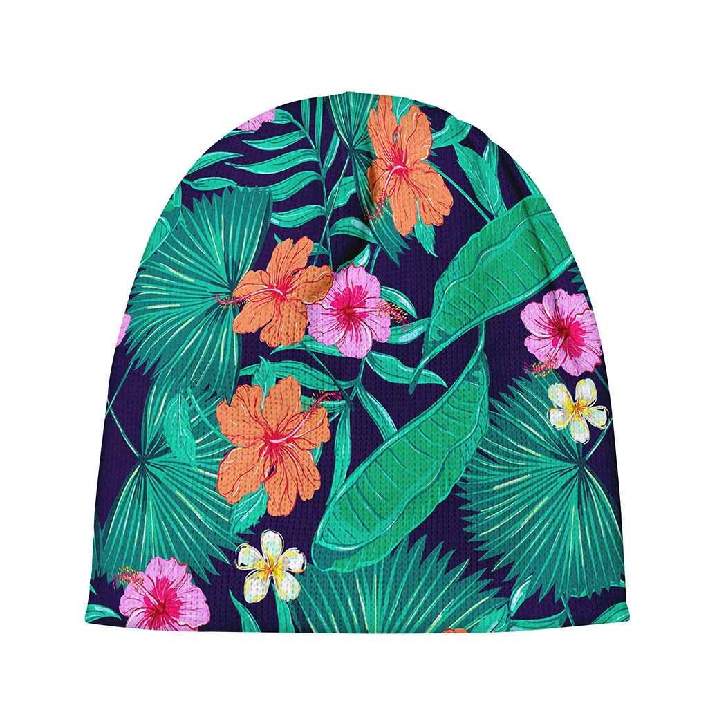 Teal Hawaiian Leaf Flower Pattern Print Beanie