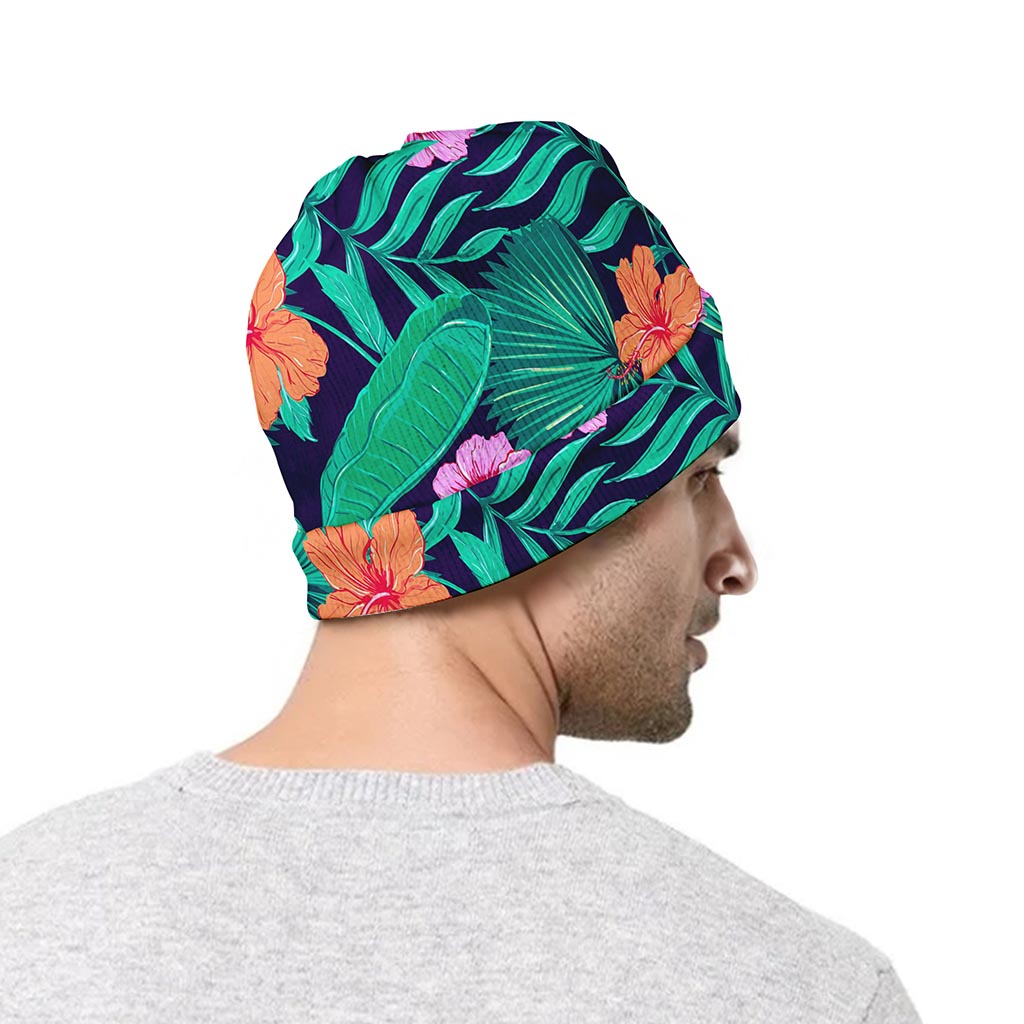 Teal Hawaiian Leaf Flower Pattern Print Beanie
