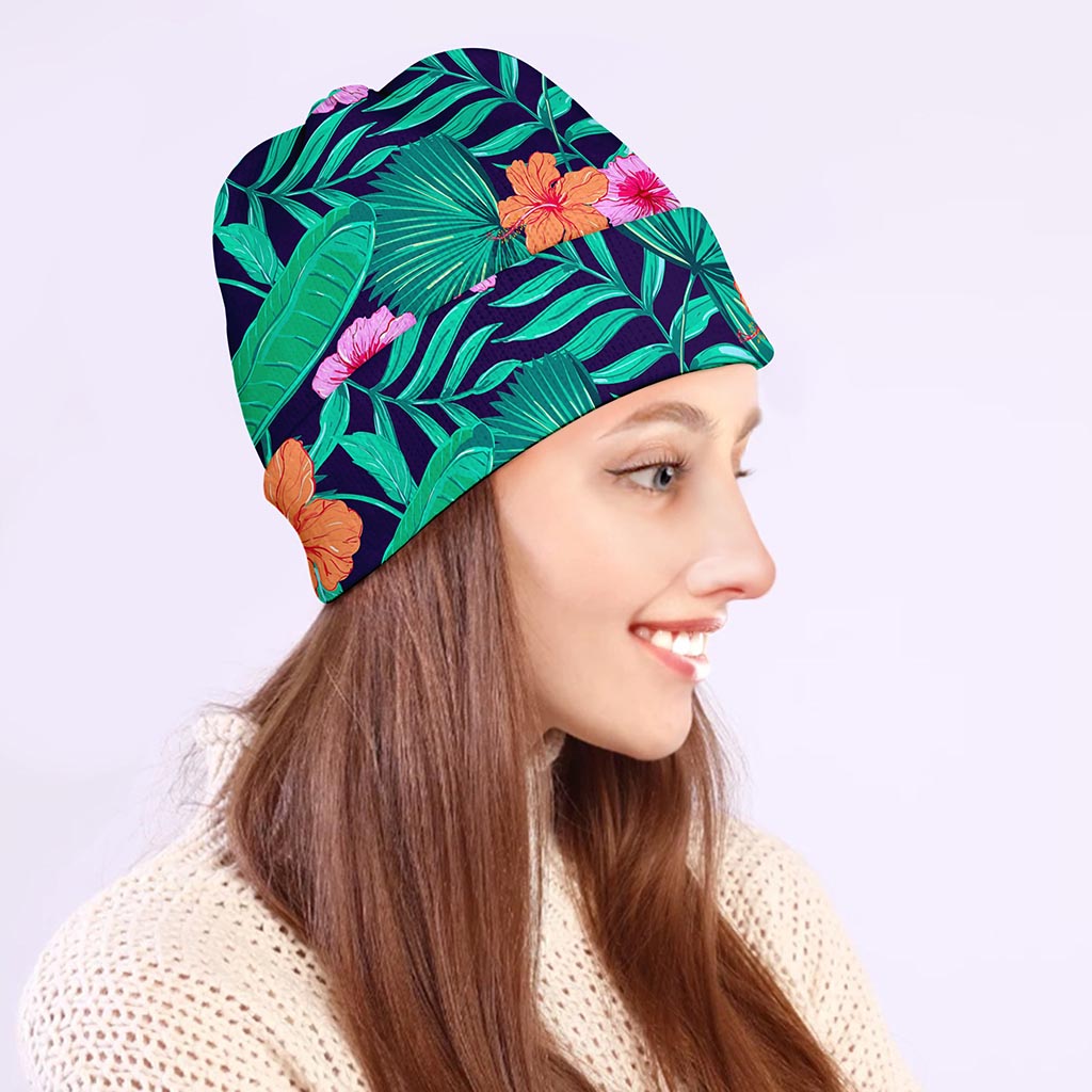 Teal Hawaiian Leaf Flower Pattern Print Beanie