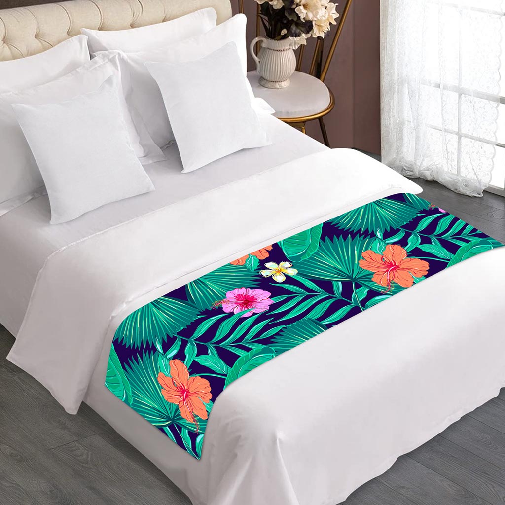 Teal Hawaiian Leaf Flower Pattern Print Bed Runner