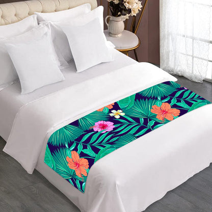Teal Hawaiian Leaf Flower Pattern Print Bed Runner