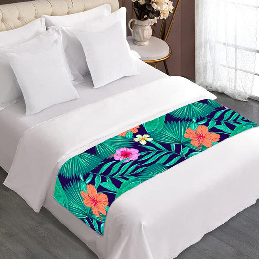 Teal Hawaiian Leaf Flower Pattern Print Bed Runner