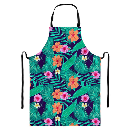 Teal Hawaiian Leaf Flower Pattern Print Bib Apron With Pocket