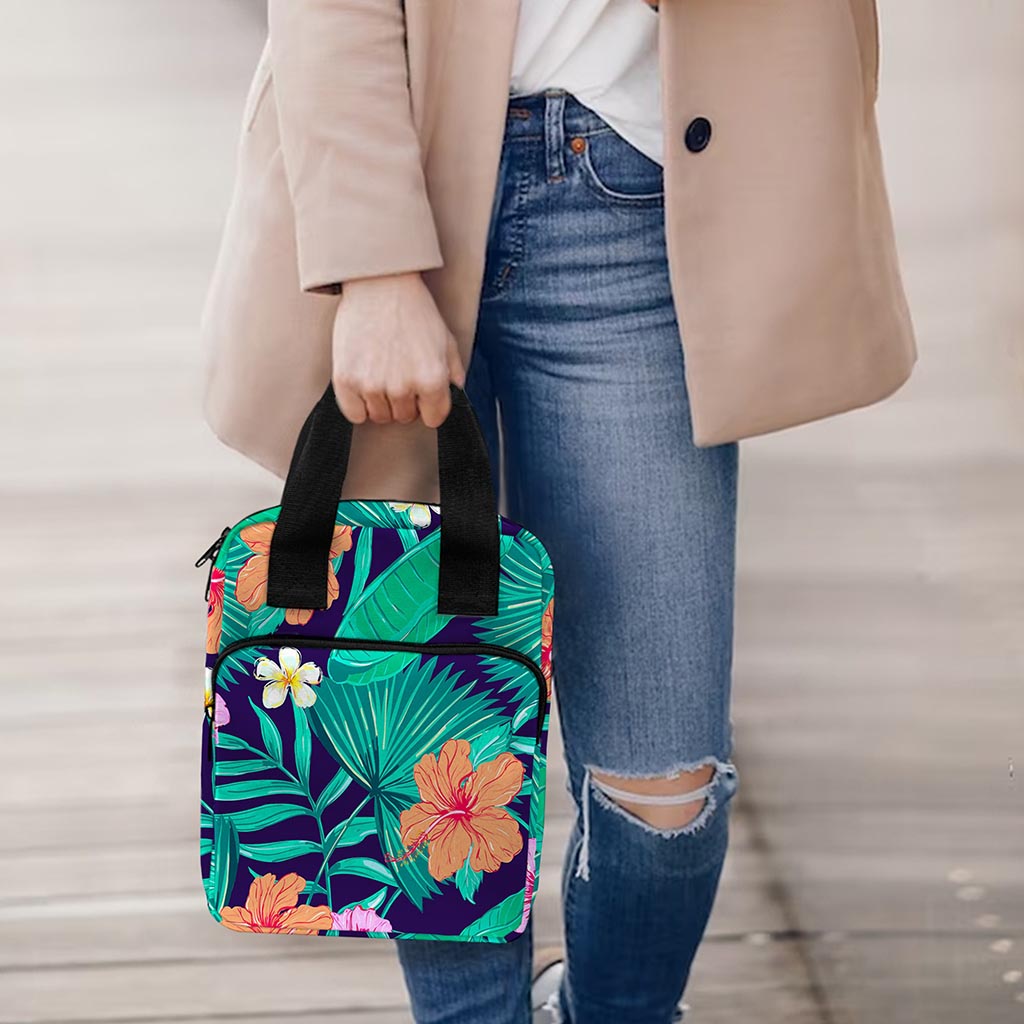 Teal Hawaiian Leaf Flower Pattern Print Bible Tote Bag