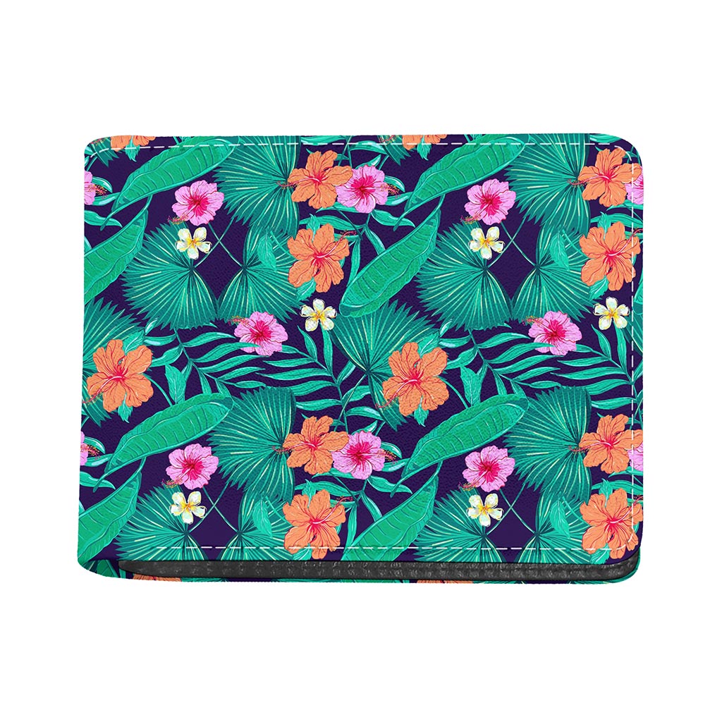 Teal Hawaiian Leaf Flower Pattern Print Bifold Wallet