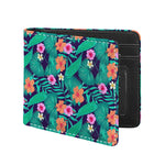 Teal Hawaiian Leaf Flower Pattern Print Bifold Wallet