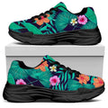 Teal Hawaiian Leaf Flower Pattern Print Black Chunky Shoes