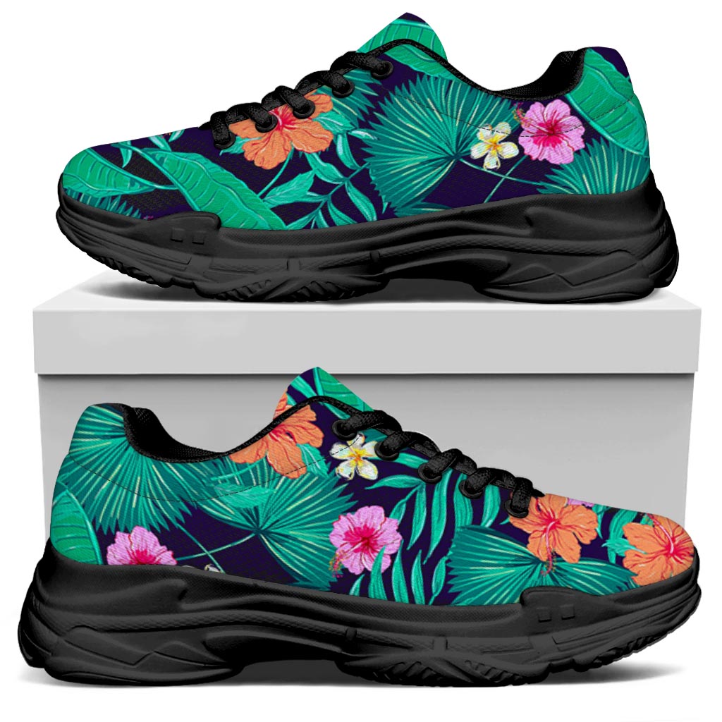 Teal Hawaiian Leaf Flower Pattern Print Black Chunky Shoes