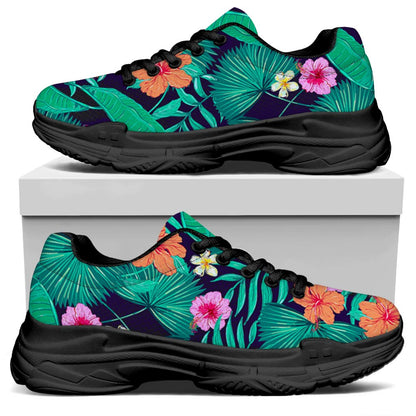Teal Hawaiian Leaf Flower Pattern Print Black Chunky Shoes