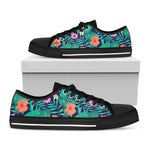 Teal Hawaiian Leaf Flower Pattern Print Black Low Top Sneakers