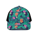 Teal Hawaiian Leaf Flower Pattern Print Black Mesh Trucker Hat