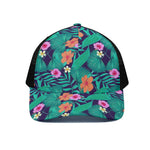 Teal Hawaiian Leaf Flower Pattern Print Black Mesh Trucker Cap