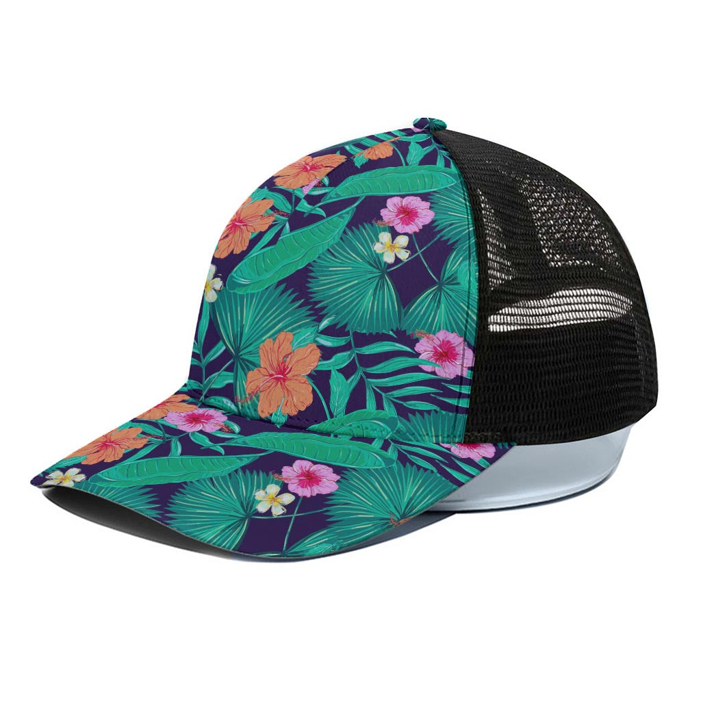 Teal Hawaiian Leaf Flower Pattern Print Black Mesh Trucker Cap