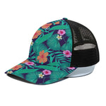 Teal Hawaiian Leaf Flower Pattern Print Black Mesh Trucker Cap