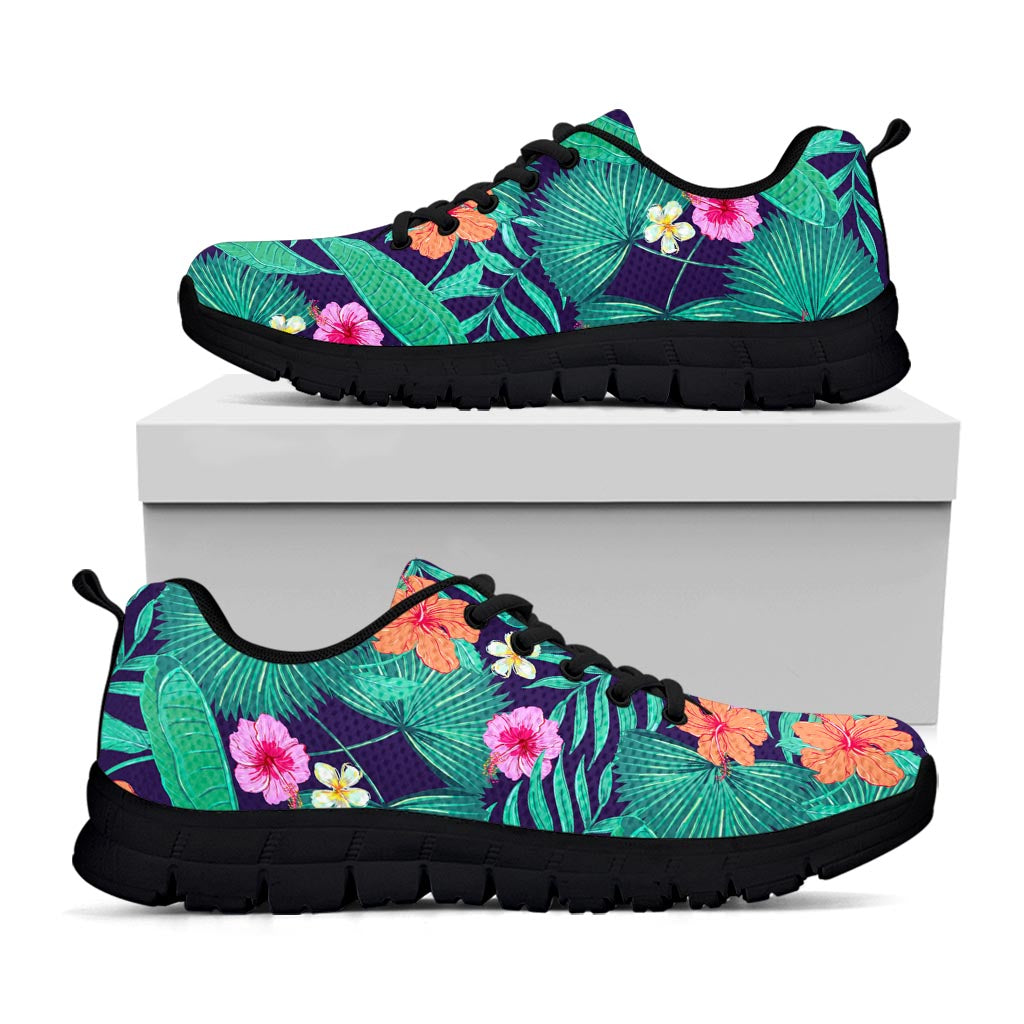 Teal Hawaiian Leaf Flower Pattern Print Black Running Shoes