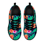 Teal Hawaiian Leaf Flower Pattern Print Black Running Shoes