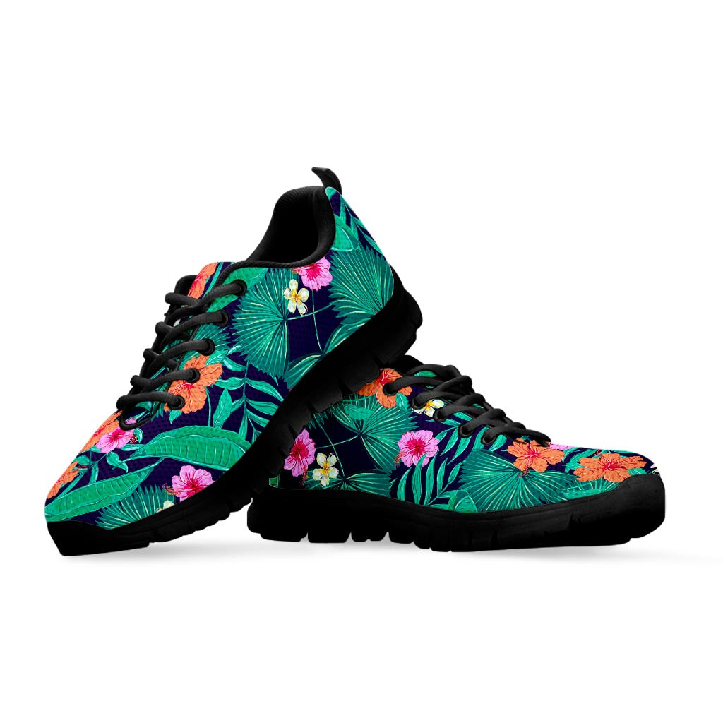 Teal Hawaiian Leaf Flower Pattern Print Black Running Shoes