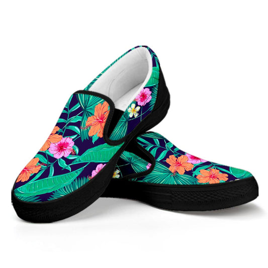 Teal Hawaiian Leaf Flower Pattern Print Black Slip On Sneakers