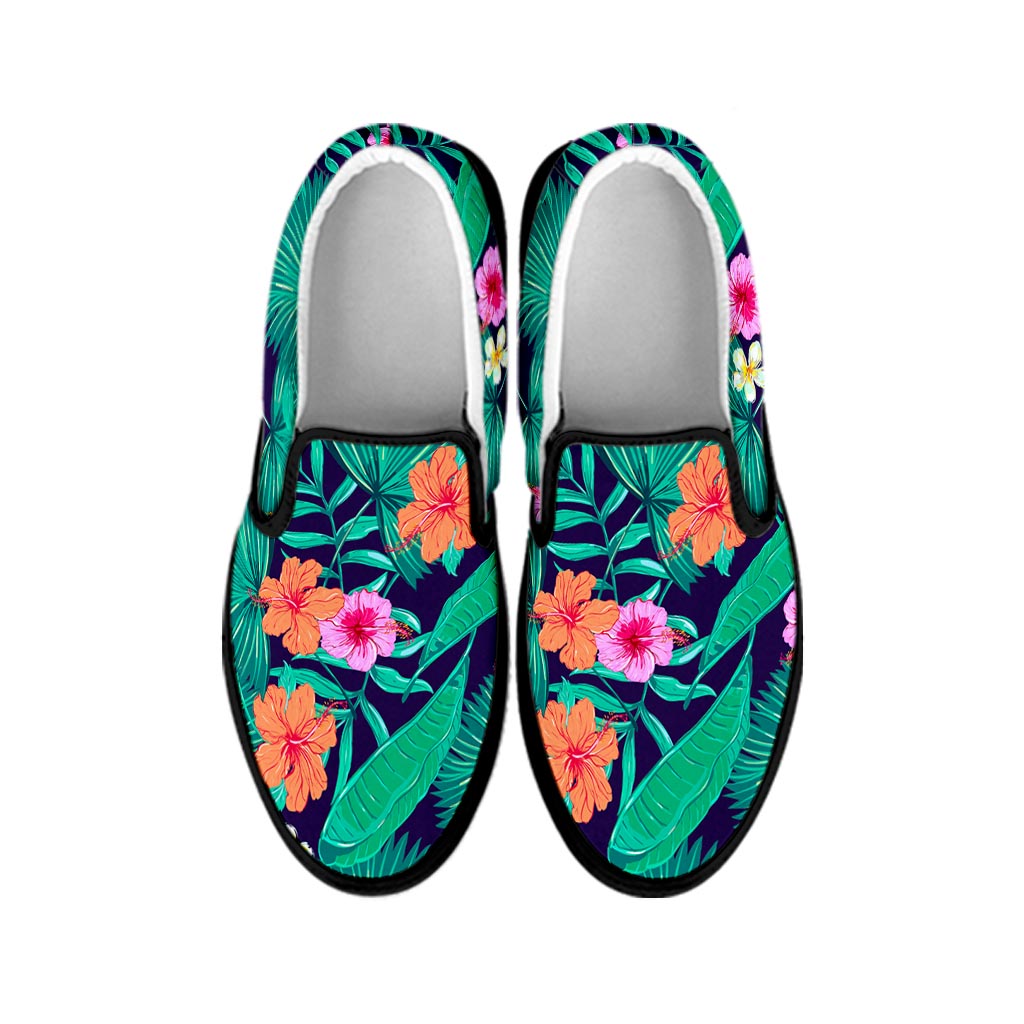 Teal Hawaiian Leaf Flower Pattern Print Black Slip On Sneakers