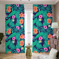 Teal Hawaiian Leaf Flower Pattern Print Dimout Pencil Pleat Curtains
