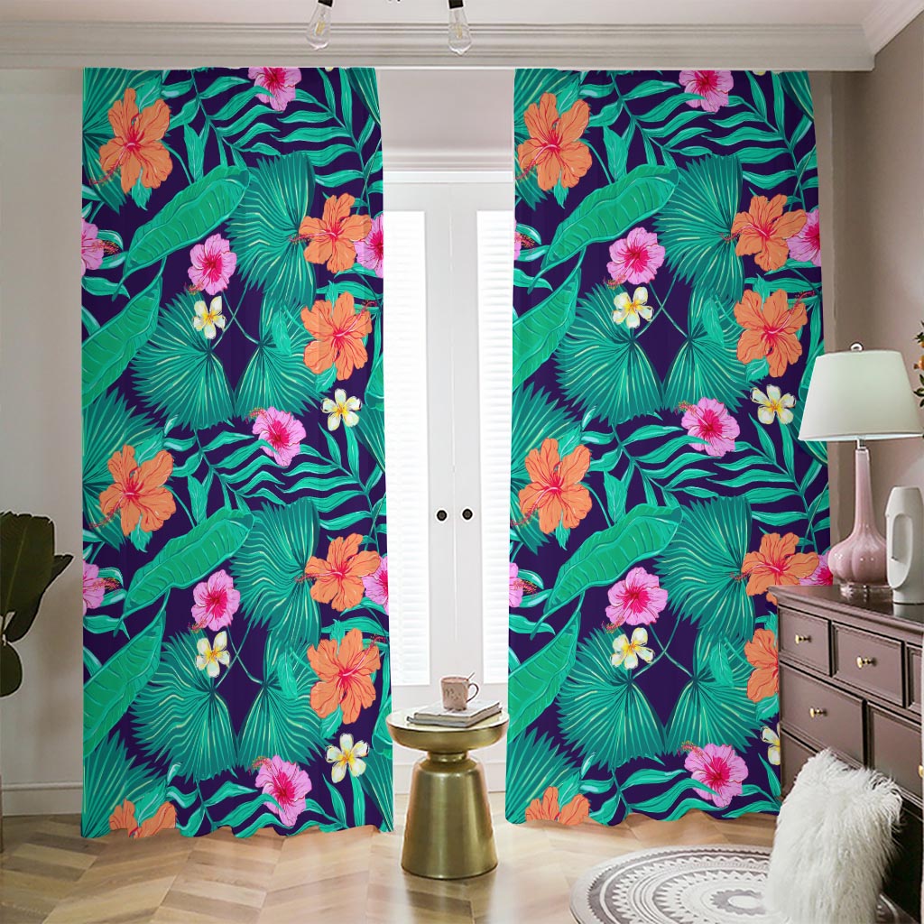 Teal Hawaiian Leaf Flower Pattern Print Blackout Pencil Pleat Curtains