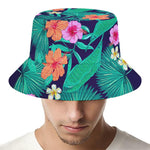 Teal Hawaiian Leaf Flower Pattern Print Bucket Hat