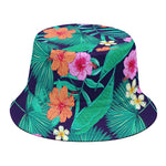 Teal Hawaiian Leaf Flower Pattern Print Bucket Hat