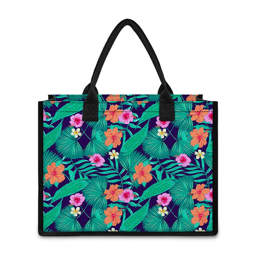 Teal Hawaiian Leaf Flower Pattern Print Canvas Tote Bag