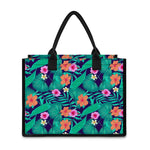 Teal Hawaiian Leaf Flower Pattern Print Canvas Tote Bag