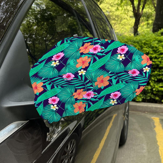 Teal Hawaiian Leaf Flower Pattern Print Car Side Mirror Covers