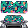 Teal Hawaiian Leaf Flower Pattern Print Car Windshield Sun Shade
