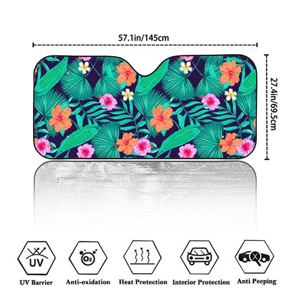 Teal Hawaiian Leaf Flower Pattern Print Car Windshield Sun Shade