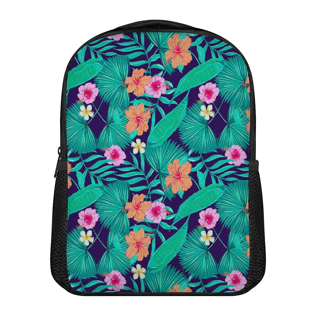 Teal Hawaiian Leaf Flower Pattern Print Casual Backpack