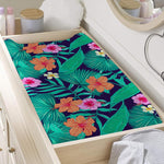 Teal Hawaiian Leaf Flower Pattern Print Changing Pad Cover
