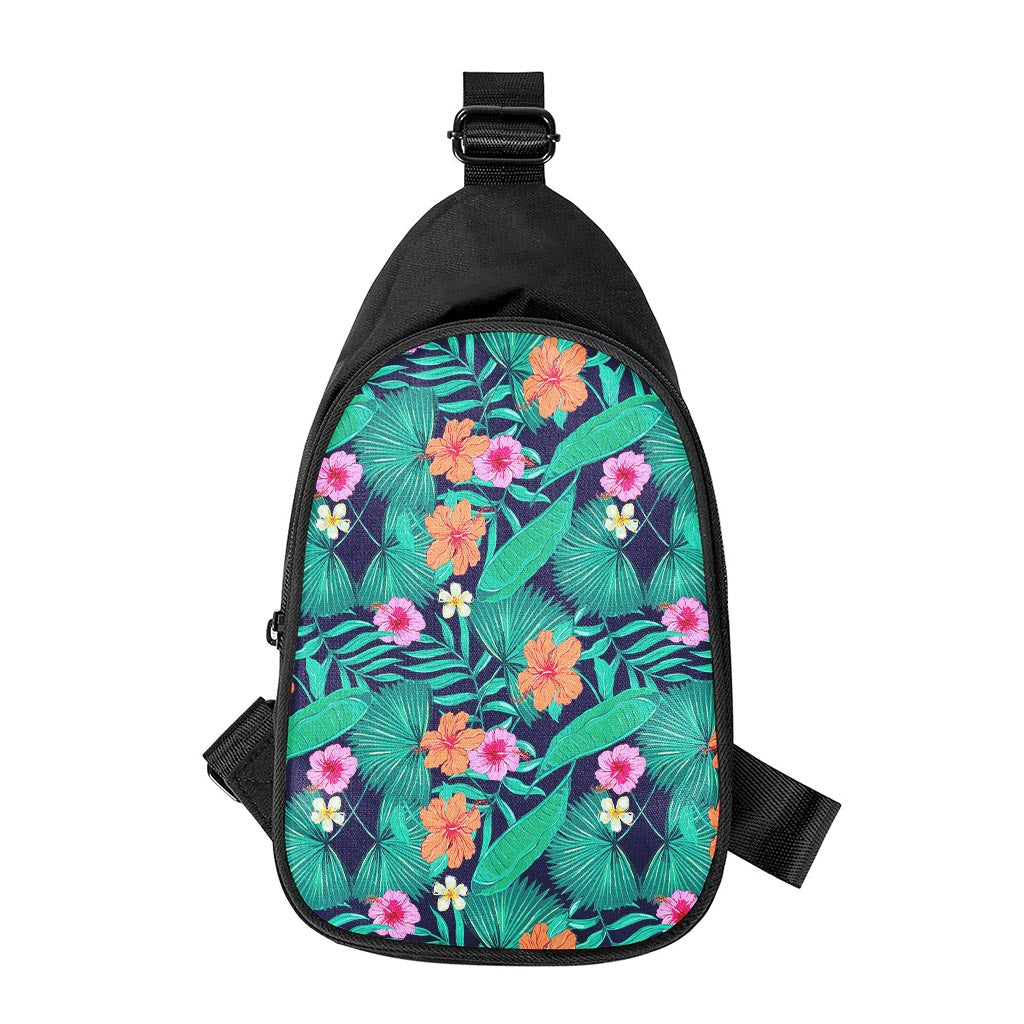 Teal Hawaiian Leaf Flower Pattern Print Chest Bag
