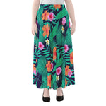 Teal Hawaiian Leaf Flower Pattern Print Chiffon Maxi Skirt