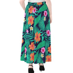 Teal Hawaiian Leaf Flower Pattern Print Chiffon Maxi Skirt
