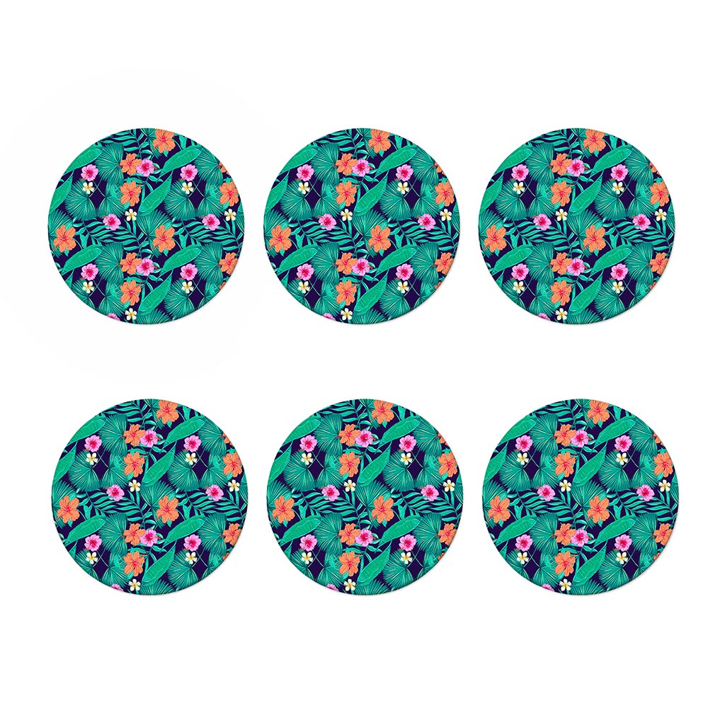 Teal Hawaiian Leaf Flower Pattern Print Coaster Set