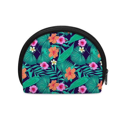 Teal Hawaiian Leaf Flower Pattern Print Coin Purse