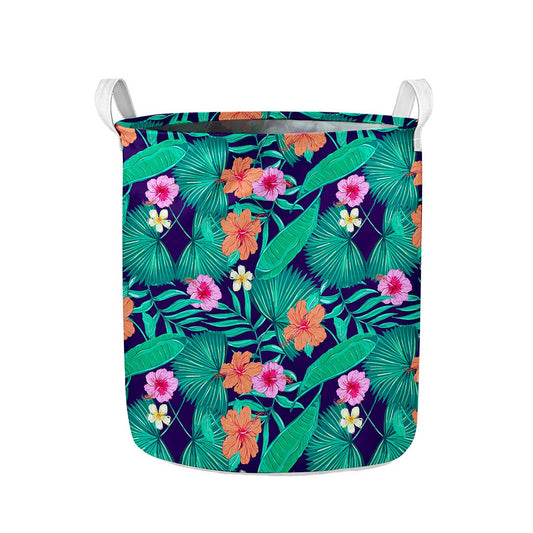 Teal Hawaiian Leaf Flower Pattern Print Collapsible Laundry Basket