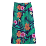 Teal Hawaiian Leaf Flower Pattern Print Cotton Front Slit Maxi Skirt