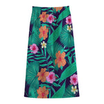 Teal Hawaiian Leaf Flower Pattern Print Cotton Front Slit Maxi Skirt