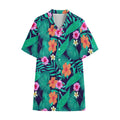 Teal Hawaiian Leaf Flower Pattern Print Cotton Hawaiian Shirt