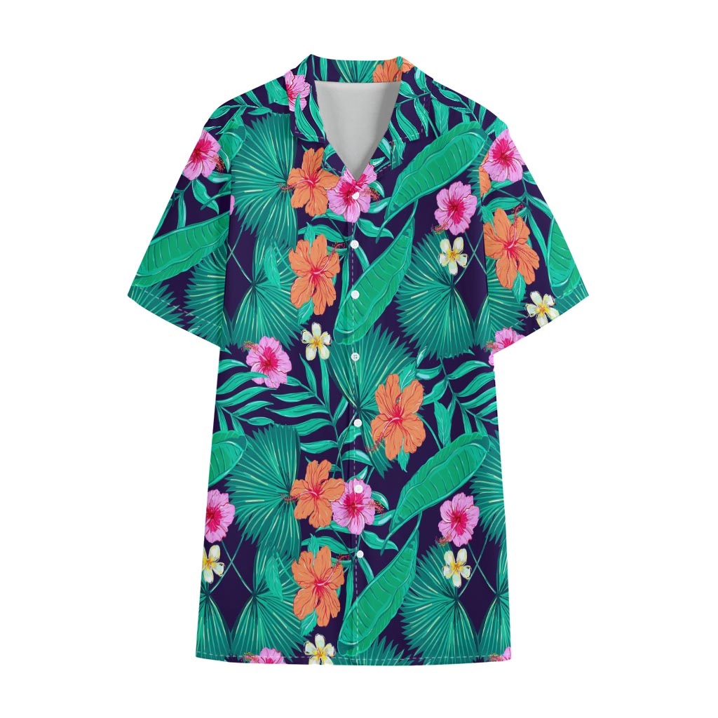 Teal Hawaiian Leaf Flower Pattern Print Cotton Hawaiian Shirt