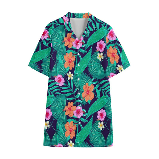 Teal Hawaiian Leaf Flower Pattern Print Cotton Hawaiian Shirt