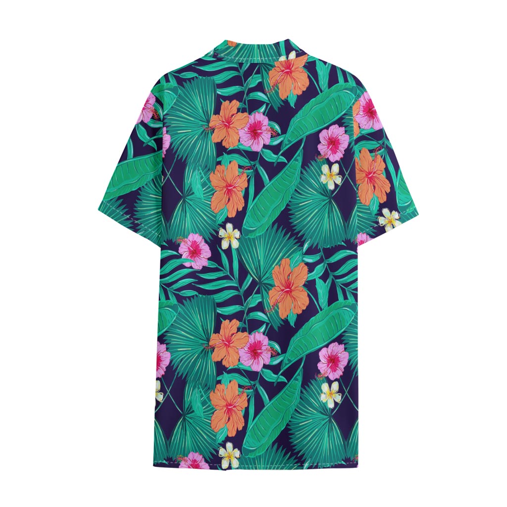 Teal Hawaiian Leaf Flower Pattern Print Cotton Hawaiian Shirt
