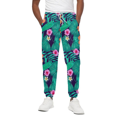 Teal Hawaiian Leaf Flower Pattern Print Cotton Pants