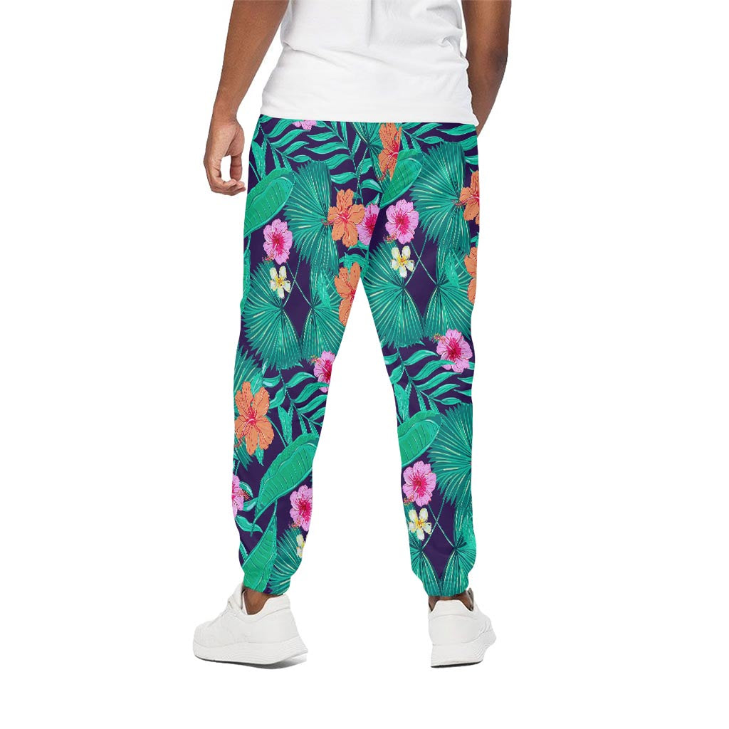 Teal Hawaiian Leaf Flower Pattern Print Cotton Pants