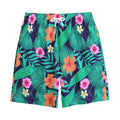 Teal Hawaiian Leaf Flower Pattern Print Cotton Shorts