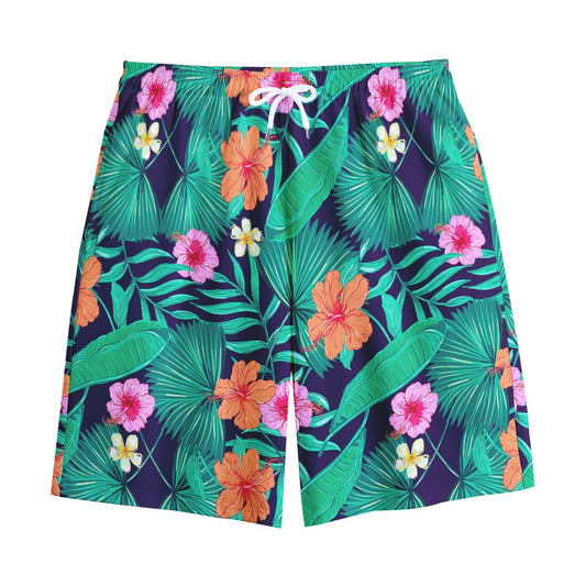 Teal Hawaiian Leaf Flower Pattern Print Cotton Shorts